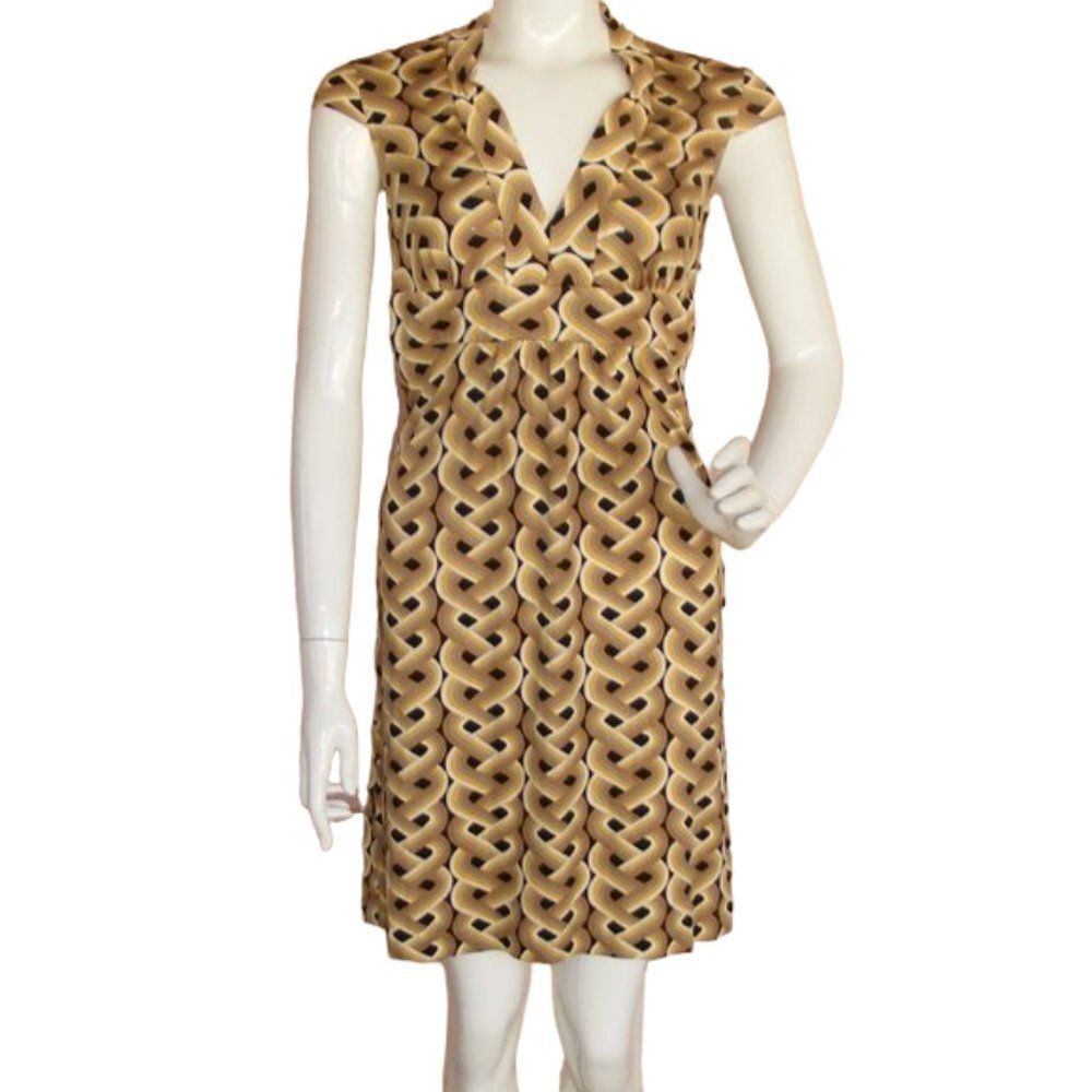 TRINA TURK Dress 4 Silk, Geometric Print, Cap sleeve, Side Zipper, Black/Brown
